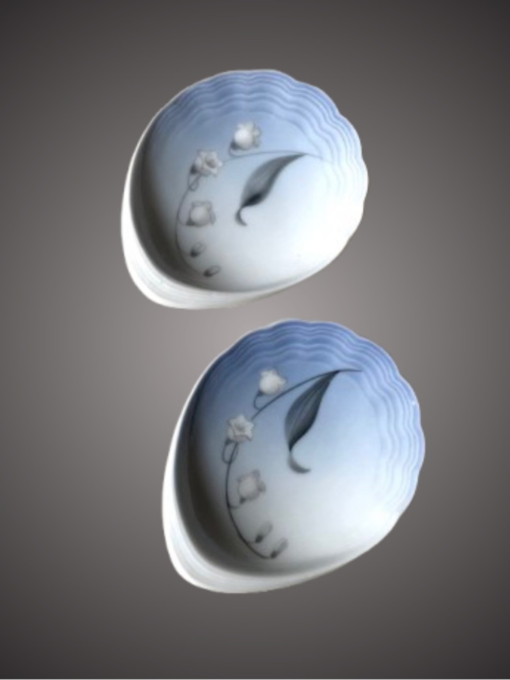 Pair of vintage Bing & Grøndahl porcelain lily of the valley shell pin dishes